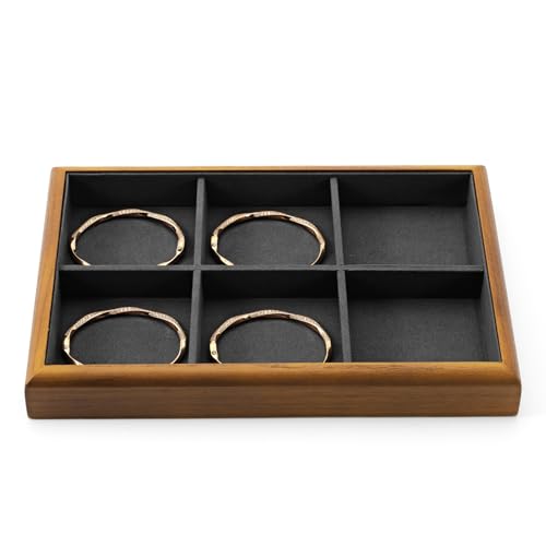 Oirlv Wood Jewelry Tray 6-Compartment Dark Grey | Dark Grey Solid Wood Frame, Soft Microfiber Lining, 9.84X17X1.18in with 6 Compartments, Holds Rings/Earrings/Bracelets - color: Grey, size: 6 grid