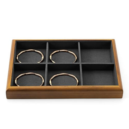 Oirlv Wood Jewelry Tray 6-Compartment Dark Grey | Dark Grey Solid Wood Frame, Soft Microfiber Lining, 9.84X17X1.18in with 6 Compartments, Holds Rings/Earrings/Bracelets - color: Grey, size: 6 grid
