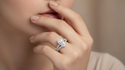 MDFUN 18K Gold Plated Promise Eternity Ring for Women, 7 * 9mm Oval Cubic Zirconia Two-in-One Rings Wedding Band Engagement - color: White
