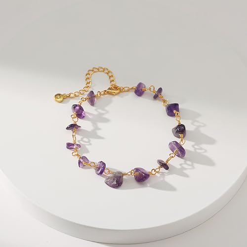Dainty Gold Bracelets for Women, 18 Gold Plated Adjustable Evil Eye/Butterfly/Beaded/Pearl/Heart/Turquoise Handmade Bracelet for Women - style: Amethyst