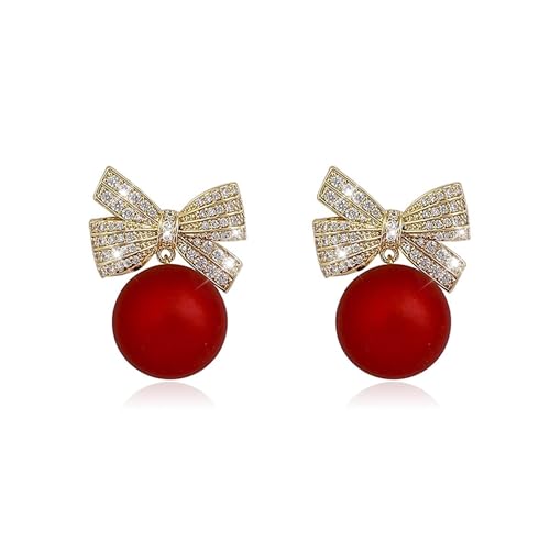 Pearl Bow Earrings for Women Coquette Aesthetic Jewelry Rhinestone Bow Earrings for Bridesmaids Wedding Party Accessories Bridal Costume Accents Bowknot Themed Gifts - color: C1: Red Pearl Bow Earrins