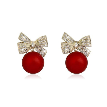 Pearl Bow Earrings for Women Coquette Aesthetic Jewelry Rhinestone Bow Earrings for Bridesmaids Wedding Party Accessories Bridal Costume Accents Bowknot Themed Gifts - color: C1: Red Pearl Bow Earrins
