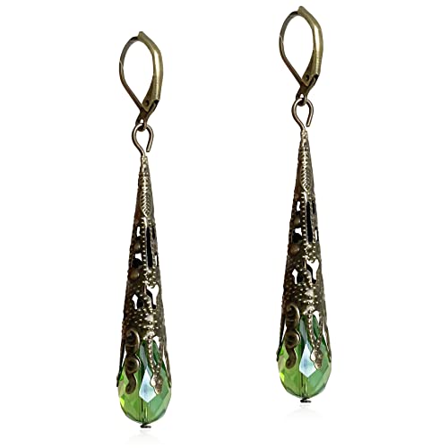 Indian Ethnic Vintage Gold Brone Sparkly Crystal Teardrop Dangle Drop Earrings Bohemian Gypsy Retro Rhinestone Hook Earrings for Women Love Statement Jewelry Gift - color: Green