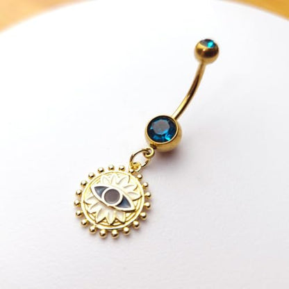 14G Blue CZ Evil Eye Sun Heart Dangle Belly Button Rings for Women 14K Gold Plated Surgical Steel Belly Navel Barbell Enamel Starry Sky Colorful Crystal Dangling Navel Rings Belly Piercing Jewelry - style: Style3