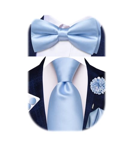 Hi-Tie 5Pcs Mens Solid Color Silk Tie Satin Pretied Bowtie Lapel Pin for Men Handkerchief Cufflink Wedding Gift Box - color: Baby Blue