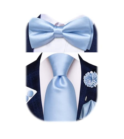 Hi-Tie 5Pcs Mens Solid Color Silk Tie Satin Pretied Bowtie Lapel Pin for Men Handkerchief Cufflink Wedding Gift Box - color: Baby Blue