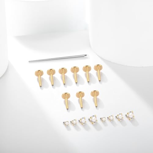 Xpircn Flat Back Stud Earrings 14K Gold Plated Internally Threaded CZ Stud Piercing Jewelry for Tragus Helix Cartilage Conch Nose Hypoallergenic Lip Labret Medusa Piercing 16G 18G - color: 18 Gauge, Gold, size: 8mm Bar