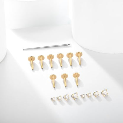 Xpircn Flat Back Stud Earrings 14K Gold Plated Internally Threaded CZ Stud Piercing Jewelry for Tragus Helix Cartilage Conch Nose Hypoallergenic Lip Labret Medusa Piercing 16G 18G - color: 18 Gauge, Gold, size: 8mm Bar