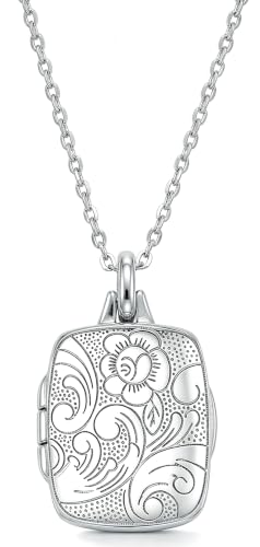 YOUFENG Love Heart Locket 14K Gold-Filled Oval Circle Rectangle Lockets that Hold Pictures Floral Patterns Necklace for Women - style: Silver Rectangle