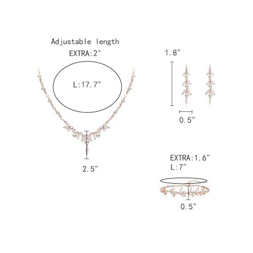 EleQueen Women's Simulated Pearl Wedding Jewelry Set for Brides | Cubic Zirconia Necklace Earrings Bracelet Set for Brides Bridesmaids, Bridal Jewelry Set for Anniversary/Memorial Day - style: Pearl Jewelry Set Rose Gold-Tone