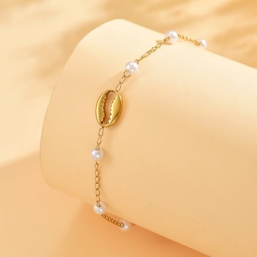 NONAMOIS 18K Gold Plated Diamond Ankle Bracelets for Women Waterproof Gold CZ Pearl Bow Link Chain Anklets Non Tarnish Summer Beach Foot Jewelry Gifts - color: Crab Claw Pearl-Gold