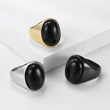 PAURO Men's Stainless Steel Oval Gemstone Signet Rings Minimalist Polish Plain Wedding Band - color: Gold Plated Black