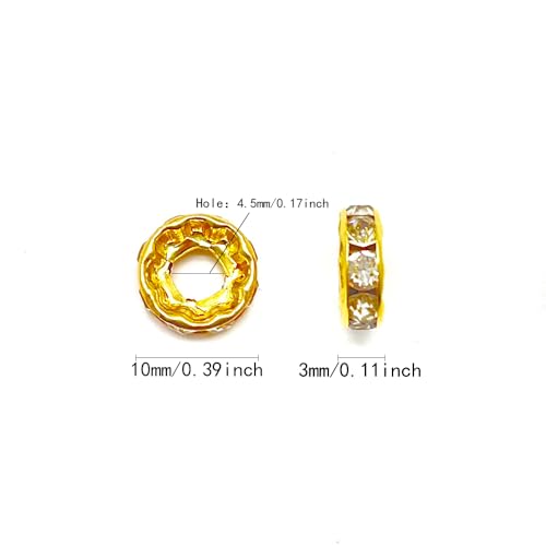 100pcs Large Hole Rhinestone Spacer Beads 10mm Gold Plated Czech Crystal Rhinestone for DIY Jewelry Making Charms Bracelet (Gold) - color: Gold