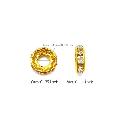 100pcs Large Hole Rhinestone Spacer Beads 10mm Gold Plated Czech Crystal Rhinestone for DIY Jewelry Making Charms Bracelet (Gold) - color: Gold
