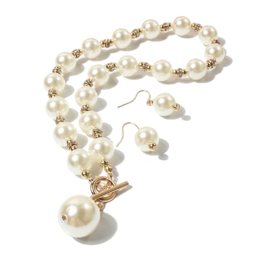 XAM 2PCS/set Large Simulated Pearl Necklace and Stud Earring for Women Brides Chunky Pearl Retro Costume Necklace Set Statement Wedding Jewelry 1920s Costume Jewelry Set - color: White