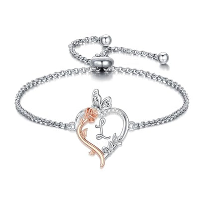 TOUPOP Gifts for Women Rose Heart Initial Bracelet 925 Sterling Silver Butterfly Letter Link Bracelet Love Jewelry Anniversary Birthday Gifts for Wife Girlfriend Mom Her - style: Initial L