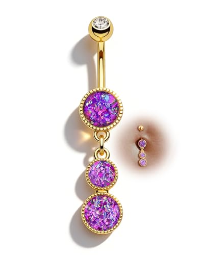 Dangle Belly Button Rings Gold Belly Button Ring Dangling 14G 10MM Sparkly Gold Belly Navel Piercing Jewelry 316L Stainless Steel - color: Purple