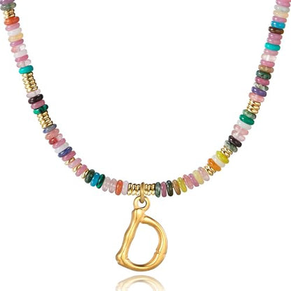 YOUFENG Initial Letter Necklaces for Women Colorful Beaded Gemstone Choker 14K Gold Plated Bamboo Letter Pendant Necklace Natural Stone Handmade Jewelry Gift - color: D