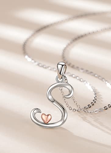 CELESTIA 925 Sterling Silver Initial Necklaces 26 Letter with Rose Gold Heart - 18 Inch Chain - color: S-Initial