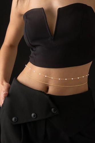 Gold Waist Chain for Women Dainty 14K Gold Plated Layered Belly Chain Adjustable Bikini Belly Beads for the Waist Waterproof Beach Accessories Body Chain Jewelry for Gifts - style: BY0003