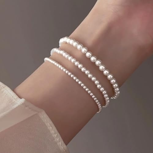 Pearl Bracelets for Women Dainty Gold Pearl Stretch Stackable Bracelet Bridesmaid Wedding Jewelry Gifts Prom Wedding Guest Dress - color: L:White Pearl Bracelet