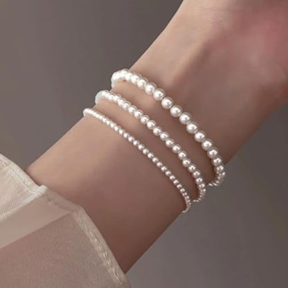 Pearl Bracelets for Women Dainty Gold Pearl Stretch Stackable Bracelet Bridesmaid Wedding Jewelry Gifts Prom Wedding Guest Dress - color: L:White Pearl Bracelet