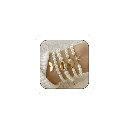 Pearl Bracelets for Women Simulated Pearl Beaded Bracelet White Pearls Stackable Stretch Bracelet Set Multilayered Elastic Pearls Bracelets for Women Bridesmaid Bridal Jewelry - color: gold starfish