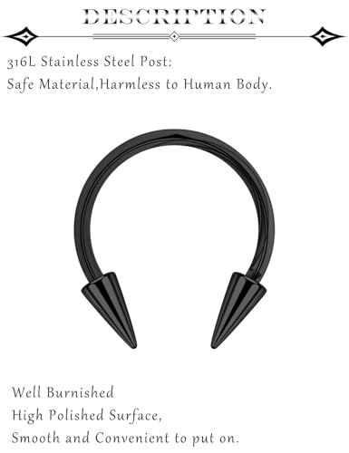 Long Spike Septum Rings 16G Surgical Steel Snake Bite Jewelry Lip Rings Smiley Piercing Jewelry for Women Men 6mm/8mm/10mm/12mm - color: black,8pcs,16g,Dia.6-12mm
