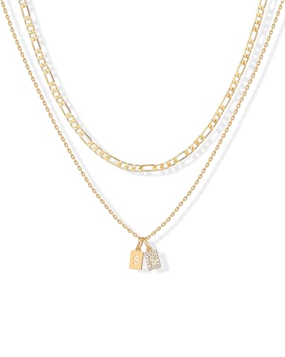 PAVOI Initial Necklace for Women, 14K Gold Plated Double Dog Tag CZ Pendant | Dainty Necklace, Letter Tag Necklace, Cubic Zirconia Pendant, Box Chain Necklace - style: - S