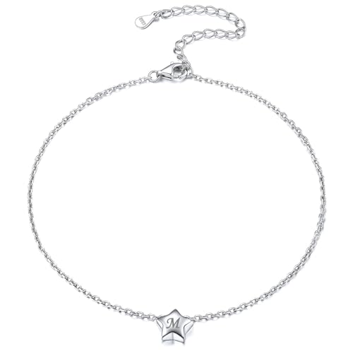 ChicSilver Personalized 925 Sterling Silver Tiny Heart/Moon/Star/Sun/Dot/Triangle Anklets Simple Dainty Foot Jewelry for Women, Silver/Gold Plated/Rose Gold Plated - style: Silver Star Custom