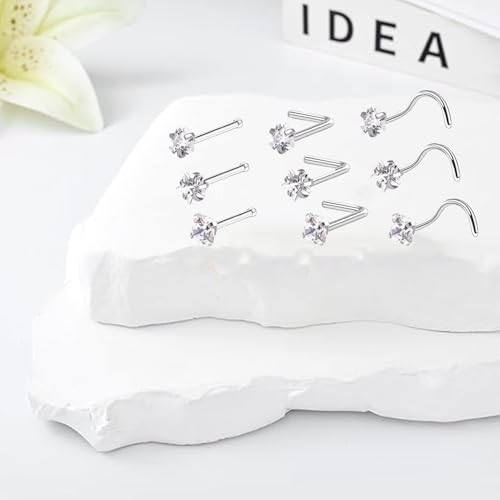 9PCS 20g Stainless Steel 316L Nose Studs Set | Hypoallergenic L-Shaped Screw & Bone Nose Rings, Round Heart Star Pink Cubic Zirconia Nose Piercing Jewelry for Women Men - style: studs002