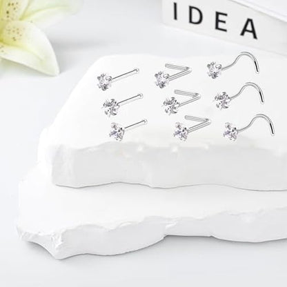 9PCS 20g Stainless Steel 316L Nose Studs Set | Hypoallergenic L-Shaped Screw & Bone Nose Rings, Round Heart Star Pink Cubic Zirconia Nose Piercing Jewelry for Women Men - style: studs002