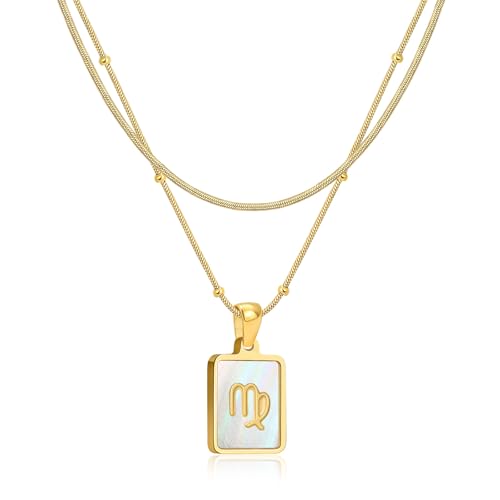 LETFLY Layered Zodiac Necklace for Women 18K Gold Natural Shell Pendant | Birthday Gifts for Women, Daily Wear, Hypoallergenic Material, Personalized Constellation Pendant, Adjustable, Snake Chain - style: Virgo