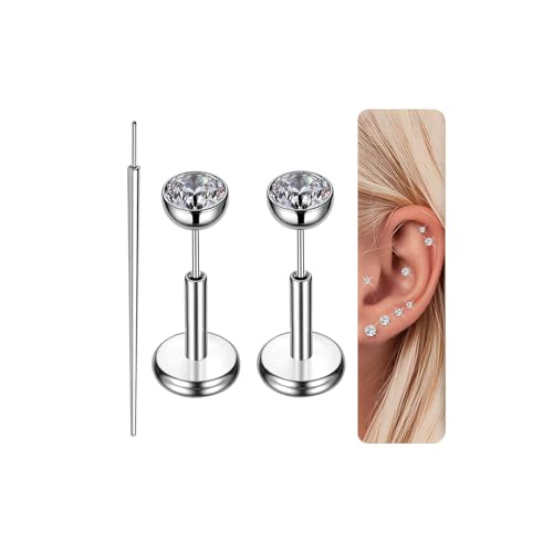 Gotumo 16G 18G 20G Flat Back Earrings Stud Titanium Threadless Nose Rings Tragus Labret Cartilage Lip Medusa Conch Body Piercing Jewelry Hypoallergenic for Women Men - color: Silver, size: 18G Bar Lengths 5mm & CZ 3mm