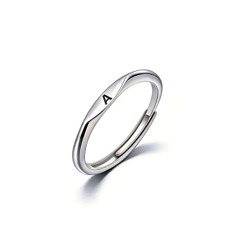 Thin Stacking Initial Rings for Women Stackable Plain Letter Ring Open Adjustable Silver Capital Alphabet Letter Band Ring - color: A