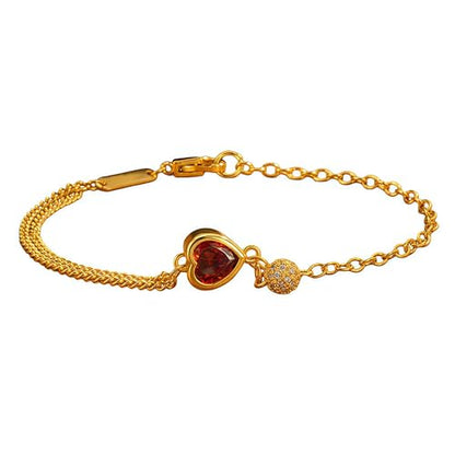 Gold Chain Hand Charm Heart Bracelet For Women Dainty Red Gemstone Charm Double Chain Bracelet Hypoallergenic Trendy Fashion Jewelry for Daily Wear