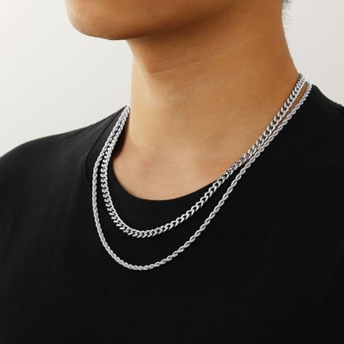 Layered Stainless Steel Chain Necklaces for Men Boys, 2Pcs Cuban Link/Rope/Herringbone Chains Jewelry Gifts, 16 "/18 ", 18 "/20 ", 20 "/22 ", 22 "/24 " - color: Silver, size: 20IN/22IN, style: Cuban/Rope Chain Set
