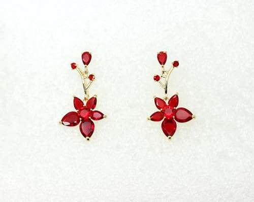 Faship Gorgeous CZ Crystal Floral Necklace Earrings Set - color: Red / 14K gold plated
