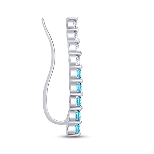 One Piece Right Ear Climber Earring for Women With Birthstone And White CZ | Floating Curved Bar Ear Crawler In 14K Gold Over Sterling Silver Jewelry for Her - color: Simulated Aquamarine