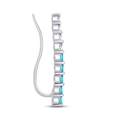 One Piece Right Ear Climber Earring for Women With Birthstone And White CZ | Floating Curved Bar Ear Crawler In 14K Gold Over Sterling Silver Jewelry for Her - color: Simulated Aquamarine