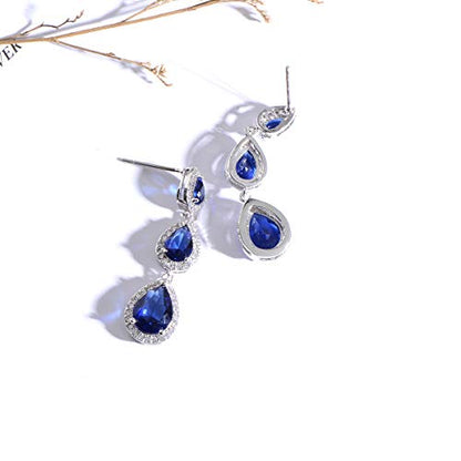 Women's Cubic Zirconia Bridal Earrings - Elegant Long Wedding Party Prom Earring for Bride Bridesmaids Crystal CZ Rhinestone Chandelier Statement Dangle Drop Earrings for Women - color: Sapphire - 14K White Gold Plated