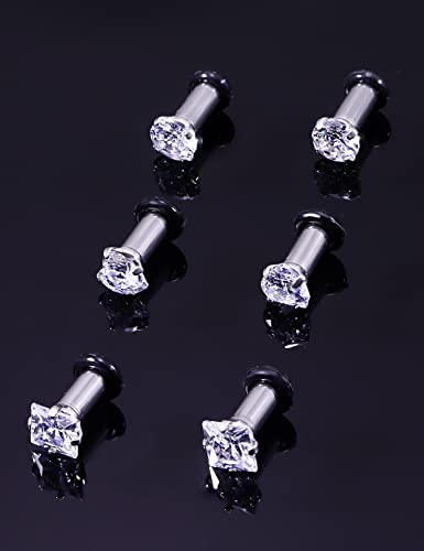8G 6G 4G 2G 0G 1/2 inch Stainless Steel Ear Gauges - Round, Square, Heart, Cubic Zirconia - 3mm to 12mm - Silver, 3 Pairs - color: Gauge=8g=3mm