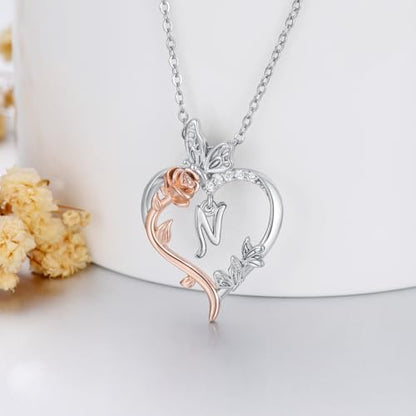 TOUPOP Gifts for Women Her 925 Sterling Silver Rose Heart Initial Necklace Butterfly Heart Jewelry Anniversary Birthday Gifts for Wife Girlfriend Mom - color: N Initial