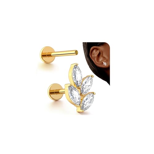 G23 Titanium 16G Tragus Conch Piercing Jewelry Flat Back Stud Earrings | Hypoallergenic CZ Nose Dangle Helix Medusa Lip Labret Body Piercing Jewelry, 14K Gold Plated, Silver, 6 and 8 mm Post Length - color: Radiant Vine-14K Gold