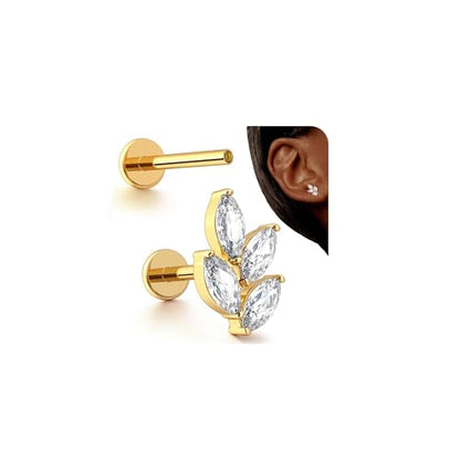 G23 Titanium 16G Tragus Conch Piercing Jewelry Flat Back Stud Earrings | Hypoallergenic CZ Nose Dangle Helix Medusa Lip Labret Body Piercing Jewelry, 14K Gold Plated, Silver, 6 and 8 mm Post Length - color: Radiant Vine-14K Gold