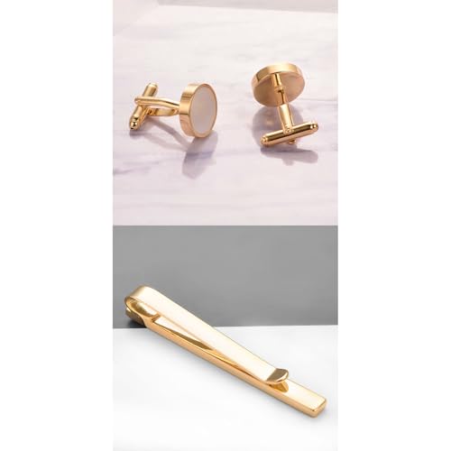 Shell Tie Clip Cufflinks Set for Men Business Gold Silver Tie Bar Cuffs Wedding Party Suit Jewelry Gift - style: mother of pearl