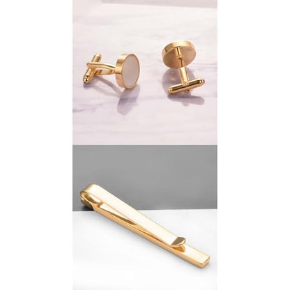 Shell Tie Clip Cufflinks Set for Men Business Gold Silver Tie Bar Cuffs Wedding Party Suit Jewelry Gift - style: mother of pearl