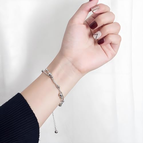 925 Sterling Silver Double Layer Box Chain Beaded Anklet | Italian Style Chain, Dual-purpose Anklet/Bracelet with Lobster Clasp, Adjustable Up to 11 Inches for Women
