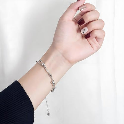925 Sterling Silver Double Layer Box Chain Beaded Anklet | Italian Style Chain, Dual-purpose Anklet/Bracelet with Lobster Clasp, Adjustable Up to 11 Inches for Women