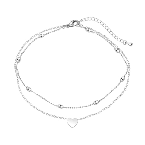Pencros Dainty Layered Anklet,14K Gold Filled Cute Beads Satellite Chain Heart Boho Adjustable Anklets for Women - color: Layer Heart Silver